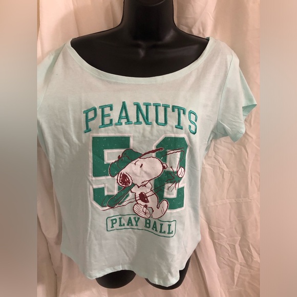 Peanuts Tops - Mint green peanuts 52 play ball embroidered wide neckline cotton t-shirt size M